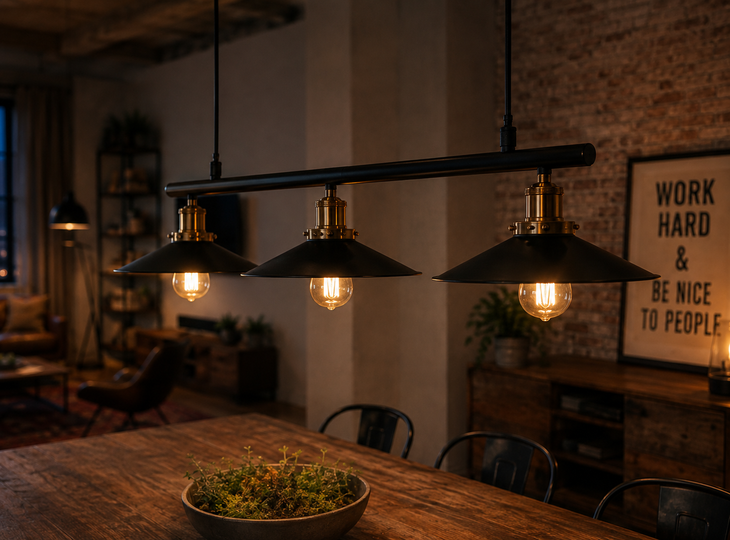 A pendant light above a large table in a living room