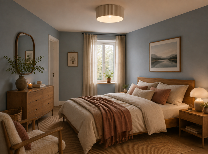 Een slaapkamer in Scandinavische stijl met een plafondlamp van natuurlijke vezels