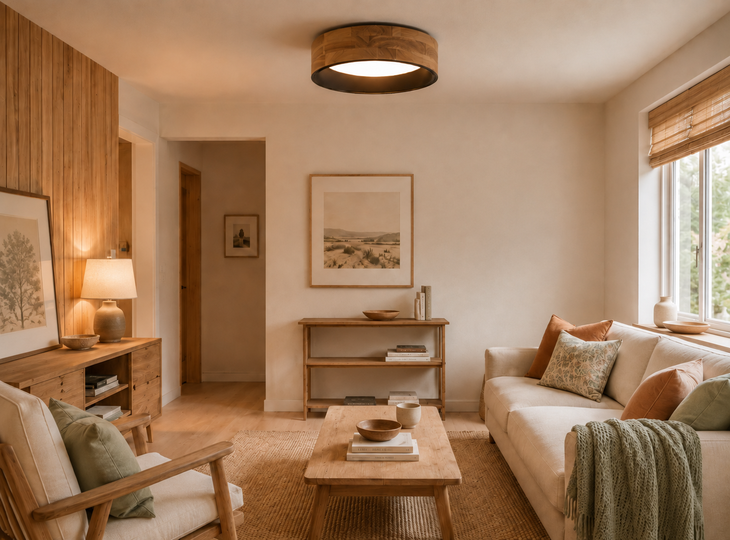 Een woonkamer ingericht in Scandinavische stijl, verlicht door een houten plafondlamp