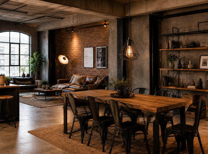 Industrial-style living room with pendant lights