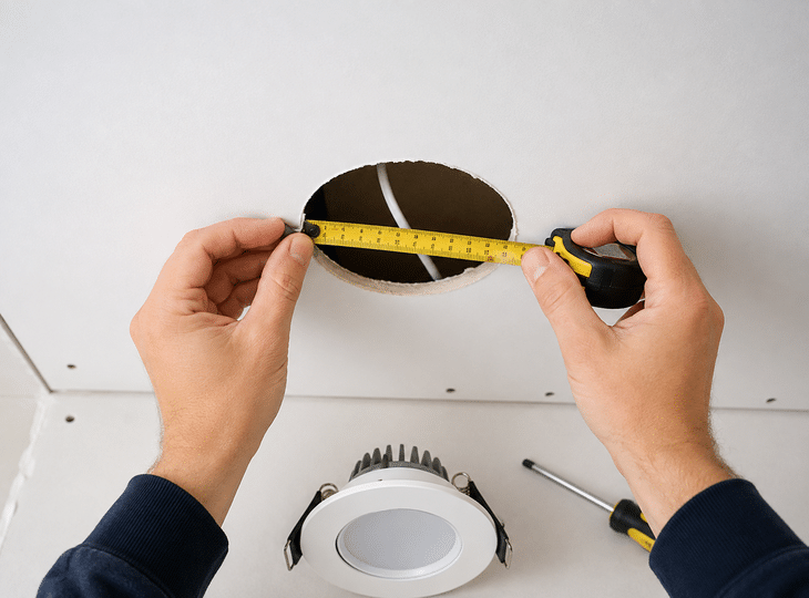 Un professionnel mesure l'ouverture de la niche avant d'installer un spot encastré