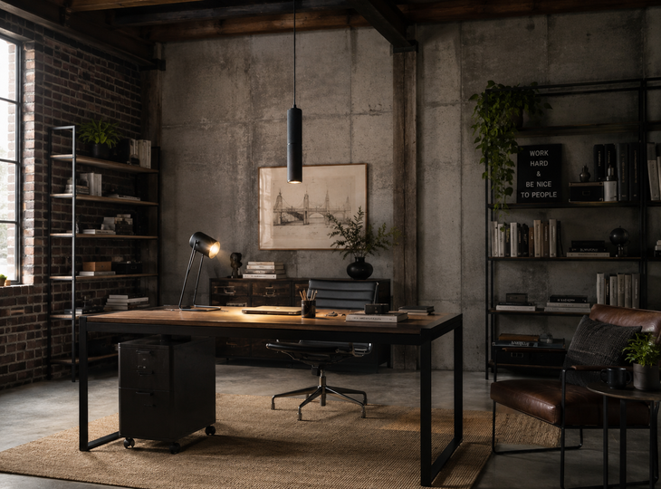An industrial-style office lit by a pendant lamp