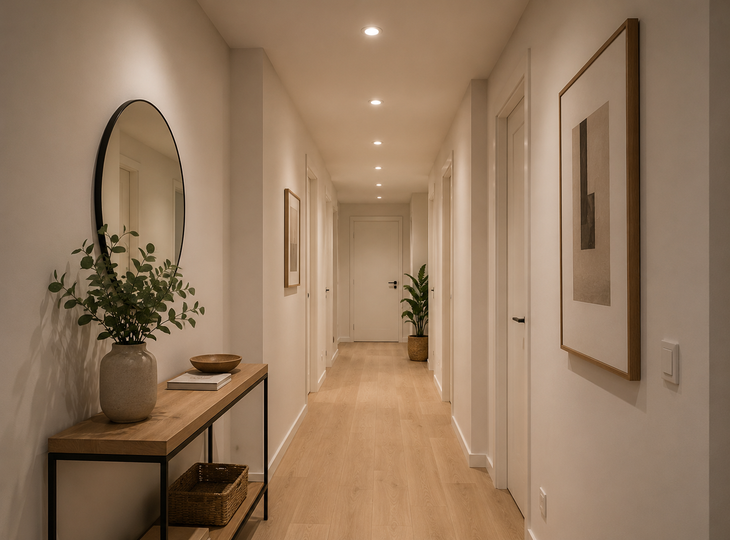 Corredor com uma instalação de downlights