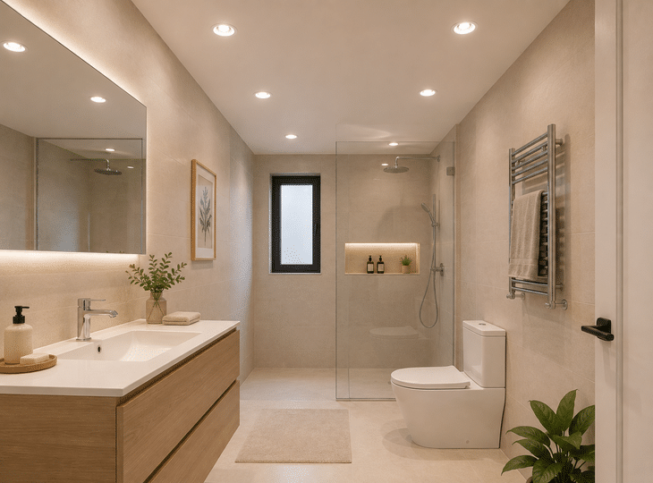 Bathroom lit by LED downlights