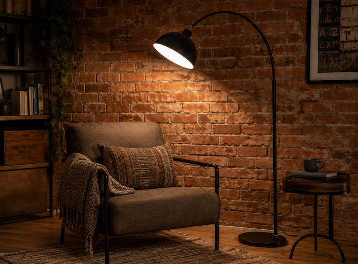 An industrial-style floor lamp next to an armchair
