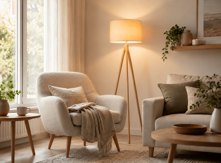 Staande lamp die een leeshoek verlicht