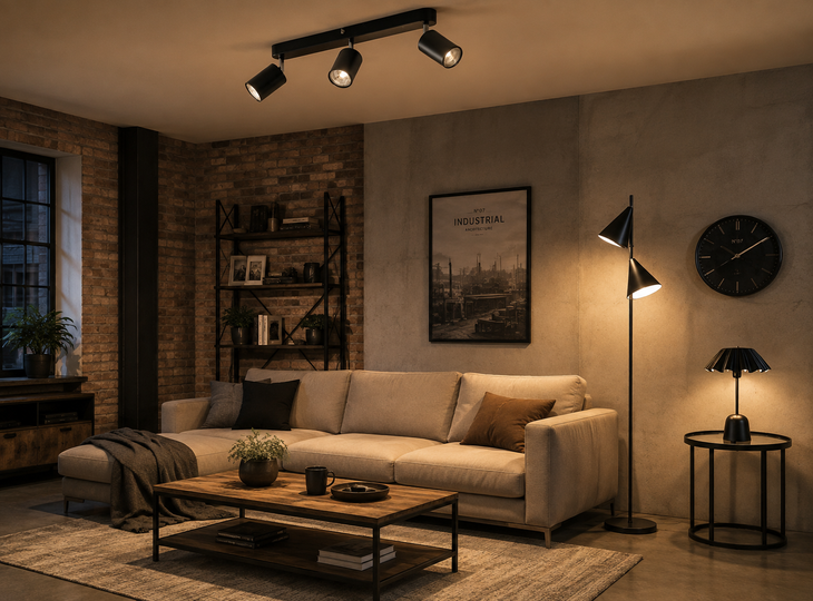 An industrial-style living room with various light sources