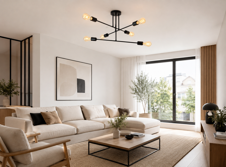 A cosy living room with a black industrial-style lamp