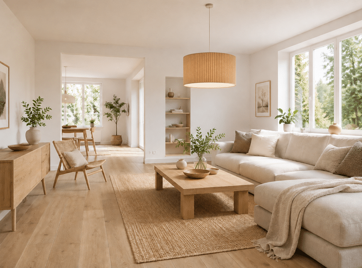 Een woonkamer in Scandinavische stijl, verlicht door een hanglamp van natuurlijke vezels