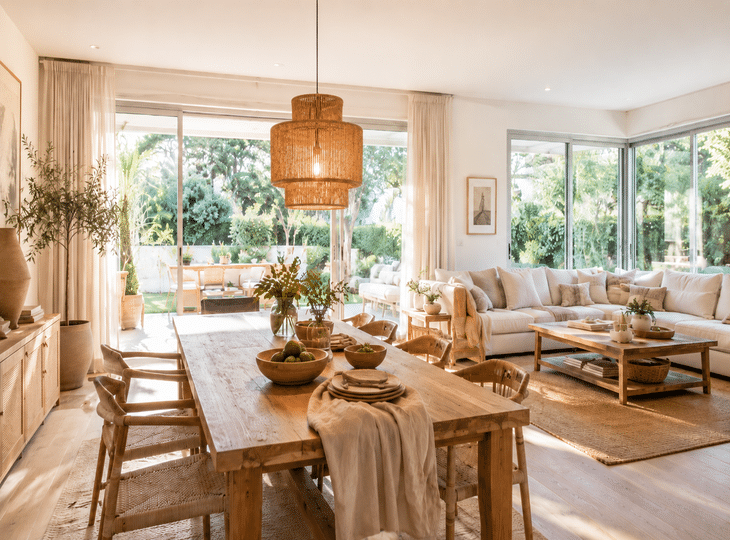 Salón de estilo natural con una lámpara colgante de fibras naturales
