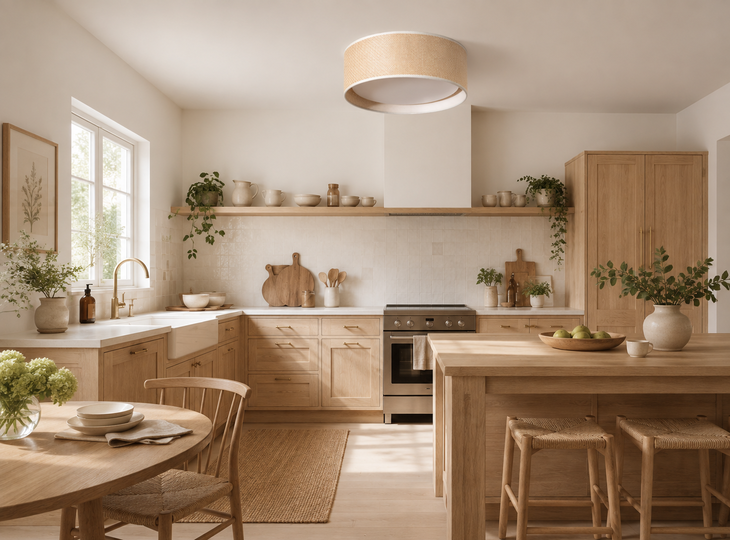 Kitchen with a natural-style ceiling light