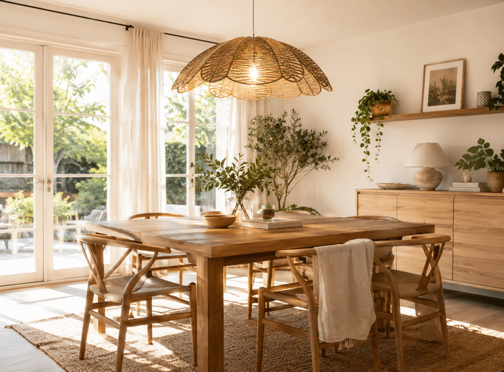 Dining room with a natural-style pendant light