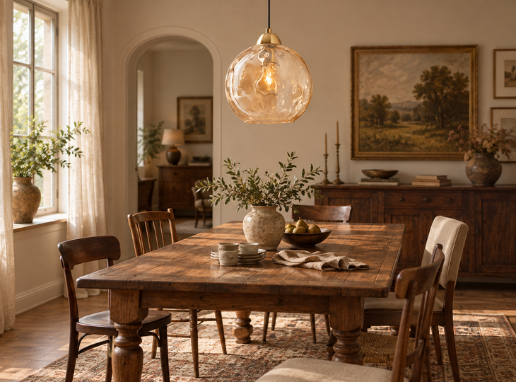 Sala de jantar com mesa de madeira e candeeiro suspenso vintage
