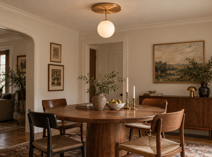Sala de jantar com candeeiro de teto vintage em forma de bola