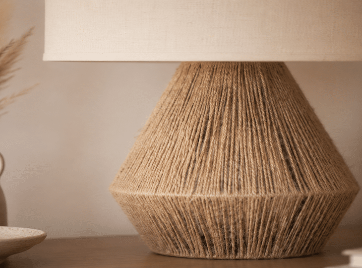 Details of a table lamp made from natural fibres