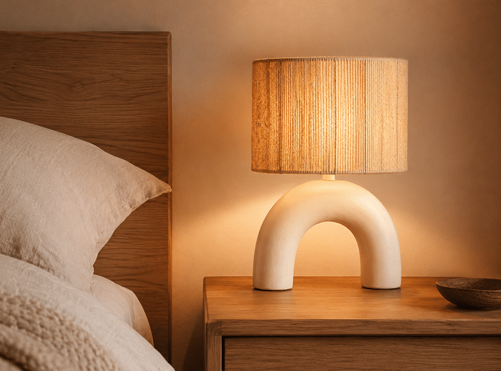 A natural-style table lamp on a small bedside table