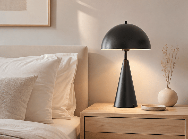 Une chambre à coucher de style moderne, aux couleurs claires, avec une lampe foncée