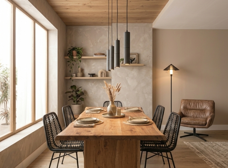 Sala da pranzo con una lampada a sospensione e una lampada da terra in stile moderno