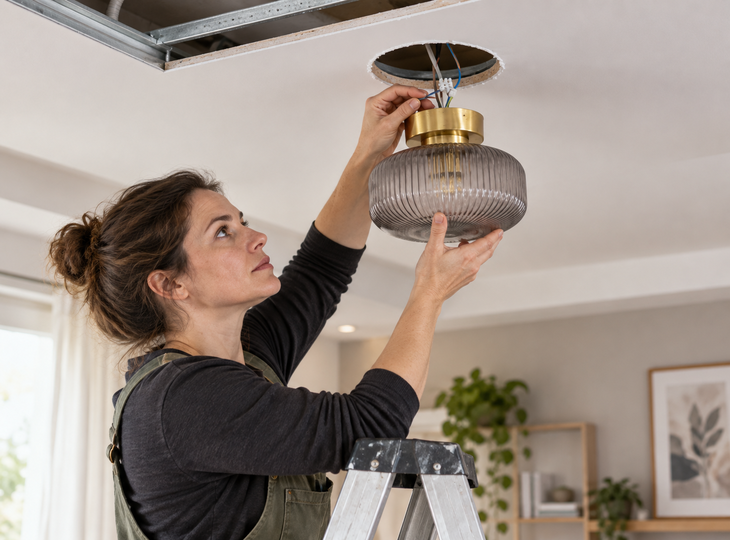 Una donna che installa una lampada da soffitto in un controsoffitto
