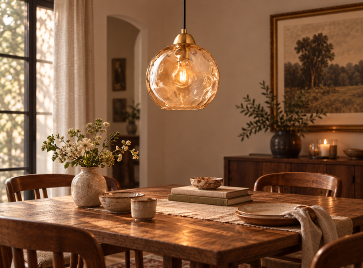 Candeeiro suspenso de estilo vintage por cima de uma mesa