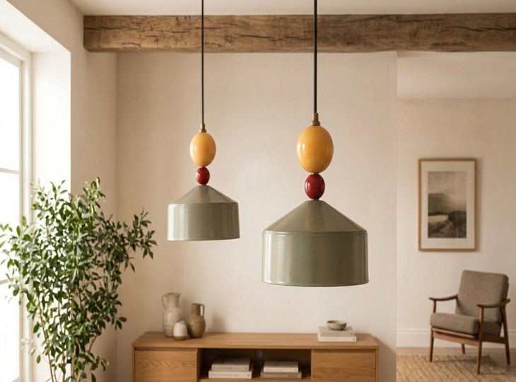 Candeeiros suspensos verdes de estilo vintage na cozinha