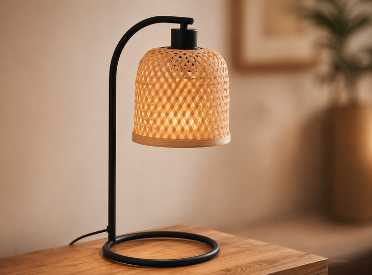 A natural-style table lamp, switched on