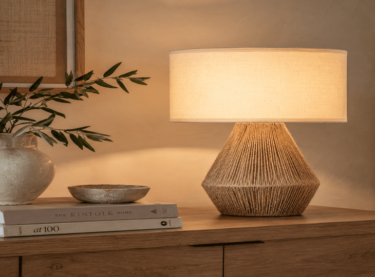 A lamp made of natural fibres on a piece of living room furniture