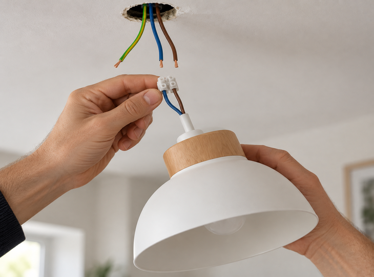 Witte LED-lamp, aangesloten via twee kabels