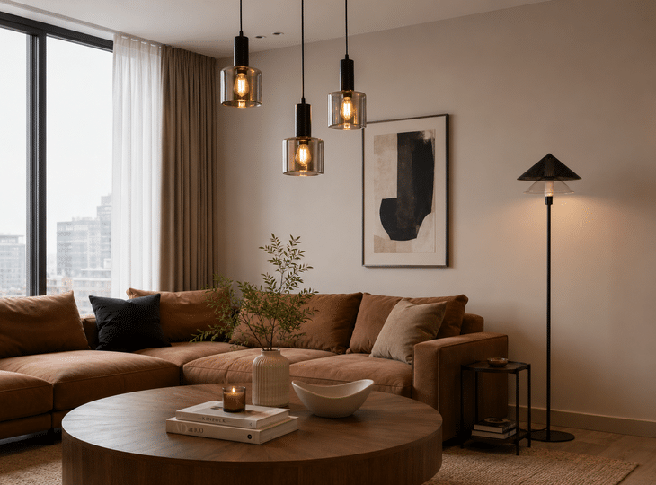 Un salon de style moderne avec une suspension et un lampadaire