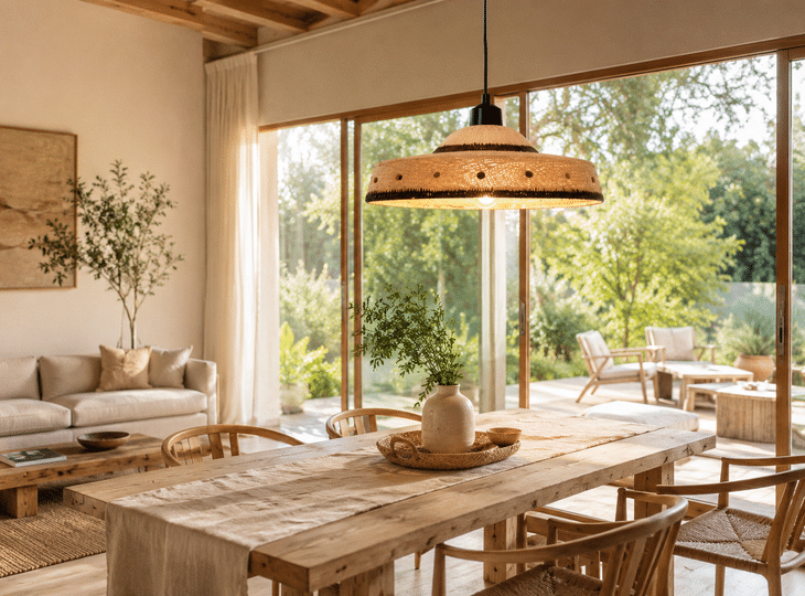 An open-plan living room with plants and a pendant lamp made from natural fibres