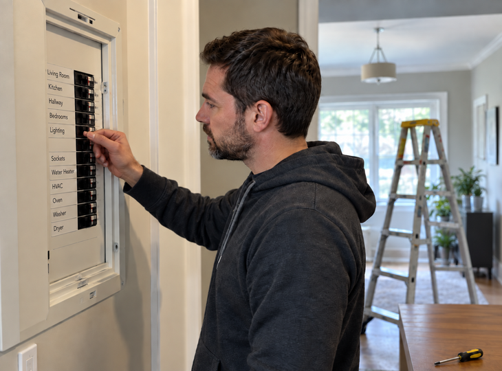 Un uomo che stacca la corrente per installare una lampada da soffitto