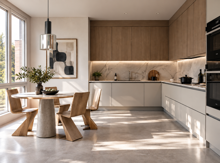 Una cucina in stile moderno con sedie eleganti e al tempo stesso contemporanee