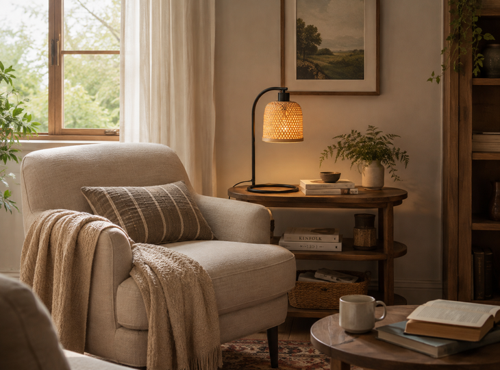 A natural-style table lamp in a reading nook