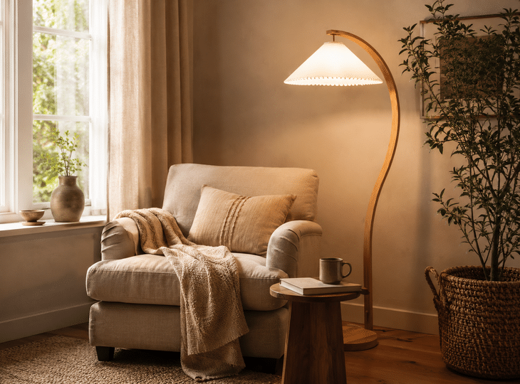 A reading nook with a window looking out onto the outside and a natural-style floor lamp switched on