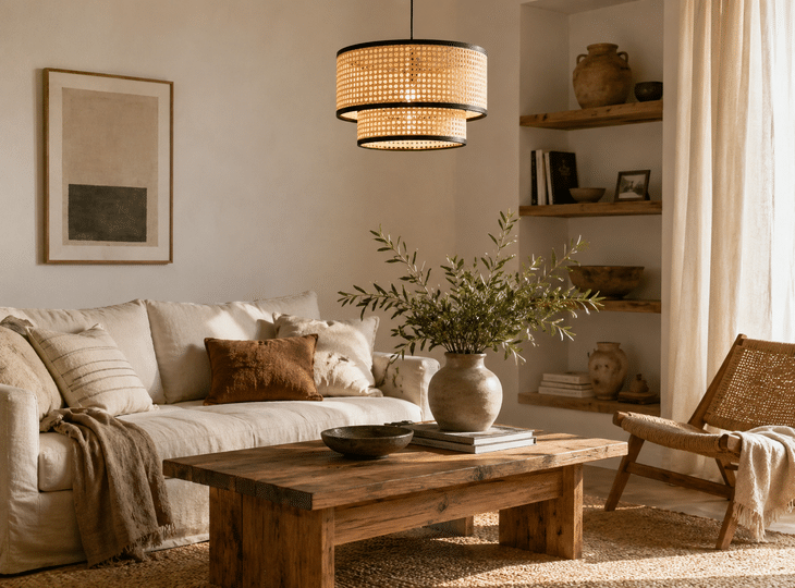 A living room with a natural-style pendant light