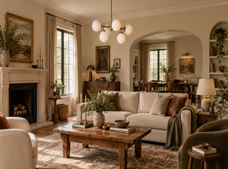 Sala em tons de branco, de estilo vintage, com um candeeiro suspenso vintage branco