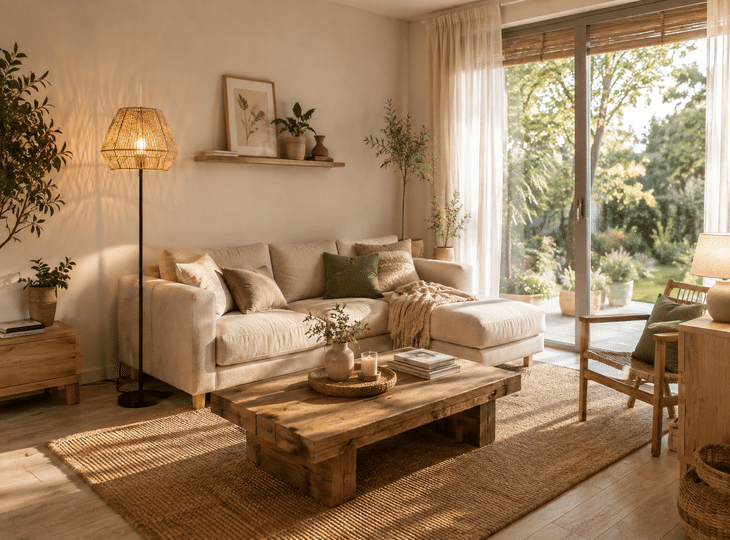 Living room with a natural-style floor lamp