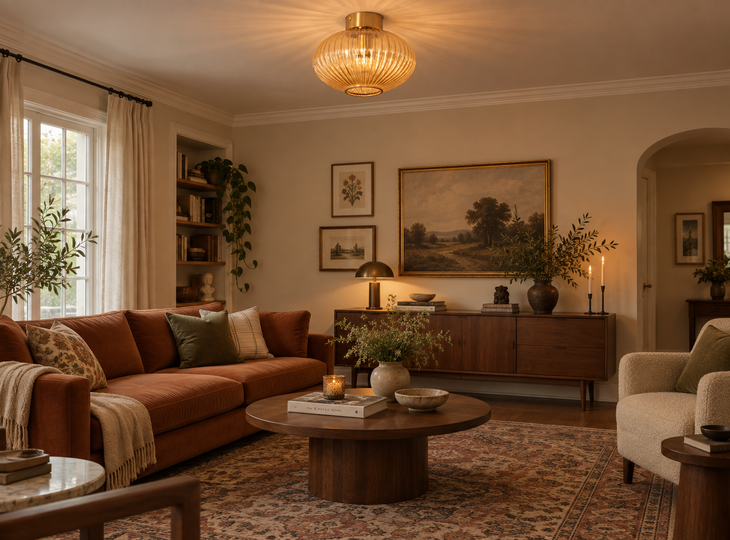 Sala com um candeeiro de teto vintage aceso