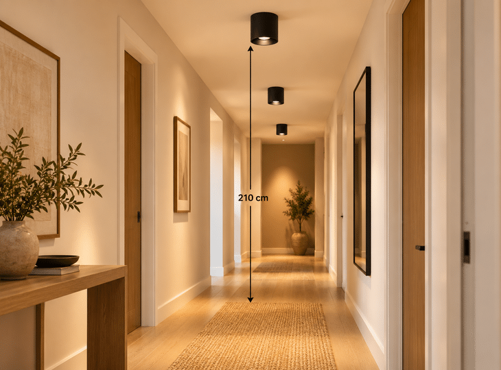 Ceiling lights fitted in the corridor at a height of 210 cm from the floor