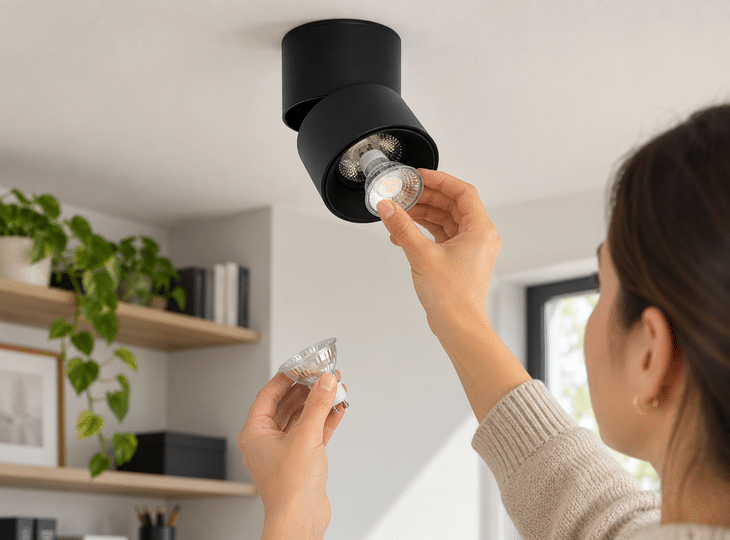 Une femme en train de changer l'ampoule d'un plafonnier