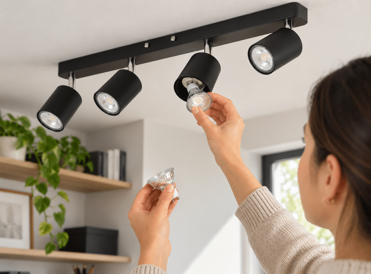Une femme en train de changer l'ampoule d'une lampe à quatre ampoules