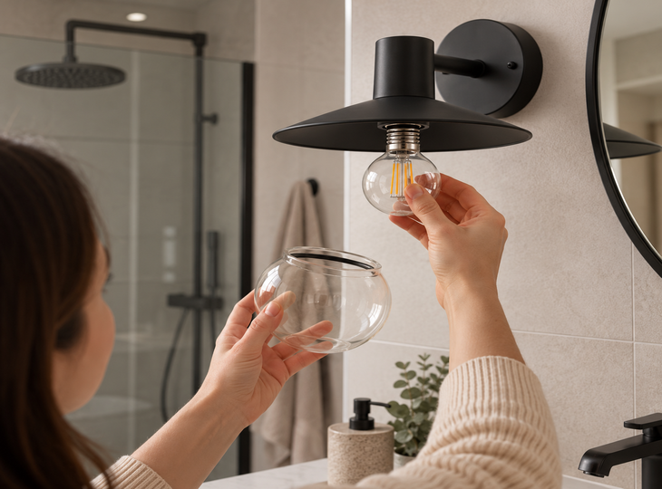 Une femme en train de changer l'ampoule d'une lampe adaptée à une salle de bains, dotée d'un indice de protection 44