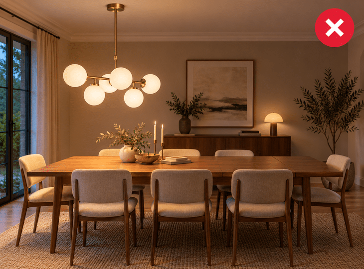 A ceiling light fitted at the wrong height, without taking the layout of the furniture into account