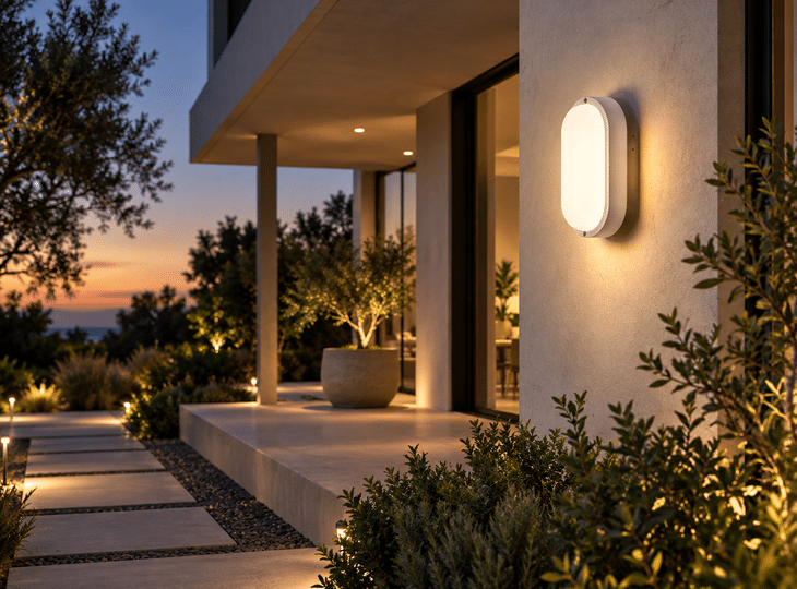 Entrada iluminada por um candeeiro de teto para áreas exteriores
