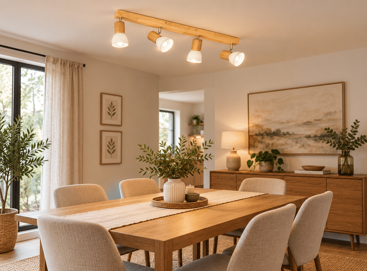 Foco de madera ilumianndo una mesa del salón