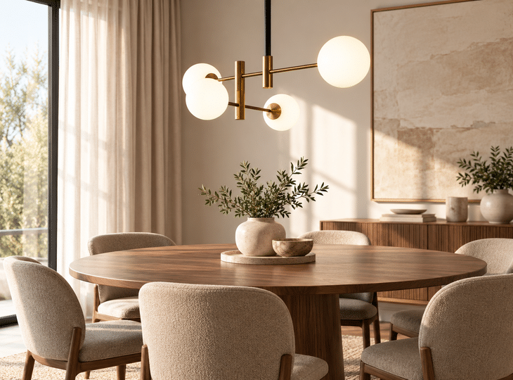 Lámpara de techo colgante blanca sobre una mesa del comedor