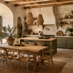 sala de estar em plano aberto decorada com um design de estilo natural