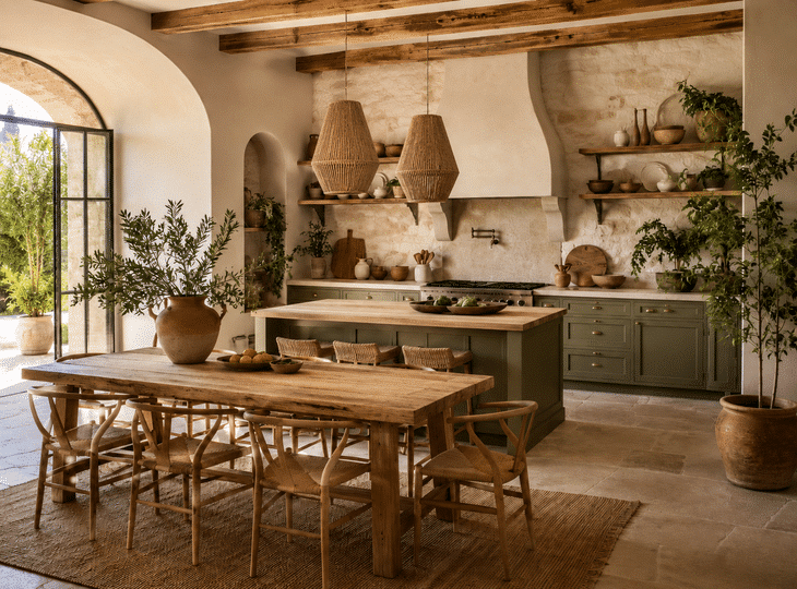 sala de estar em plano aberto decorada com um design de estilo natural
