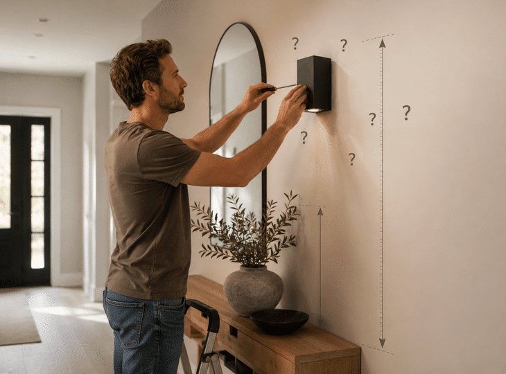 Pessoa a instalar um aplique de parede num corredor