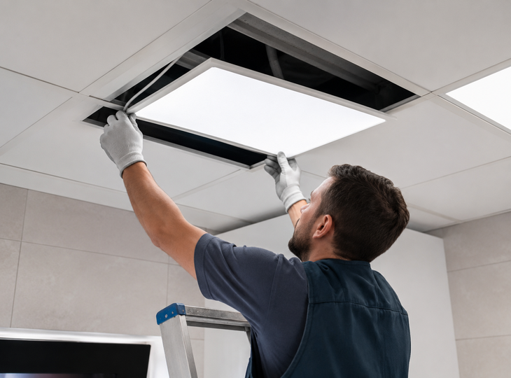 Profissional a instalar um painel LED no teto